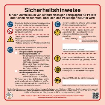 Sicherheitshinweise für den Aufstellraum von luftdurchlässigen Fertiglagern für Pellets oder einen Nebenraum – Kleinstmenge bis 2 Stk. – NUR FÜR PRIVATPERSONEN – Informationsmaterial
