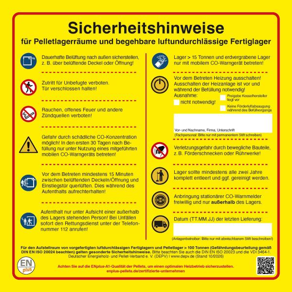 Sicherheitshinweise für Pelletlagerräume und begehbare luftundurchlässige Fertiglager – gewerbliche Menge (Verpackungseinheit, Rabatt ab 20 Stück) – Informationsmaterial